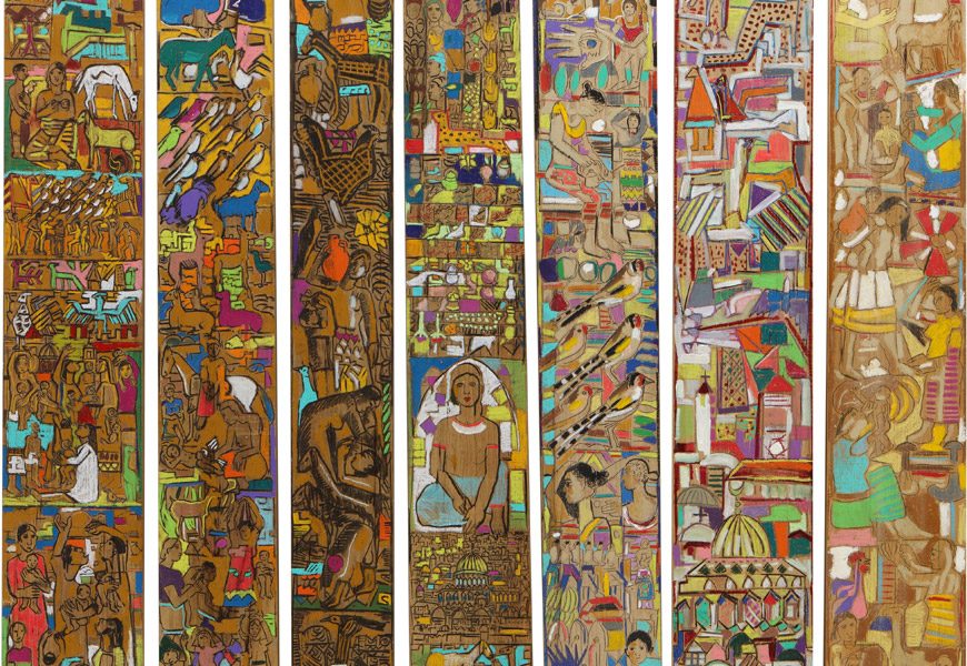 Jamil Molaeb, المعلقات, 2018, oil on wood, 8 x 230 x 38 cm